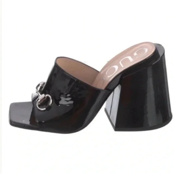 Gucci Lexi 105 Black Patent Leather Horsebit Backless Sandal Mule Block Heel - Picture 3 of 7